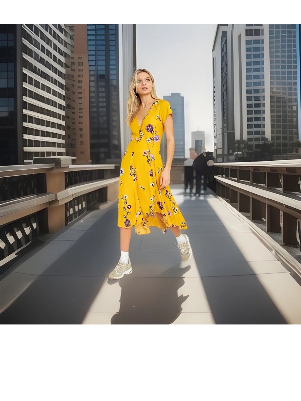 Free People Lost in You Yellow Floral Midi Dress • Size M• Hi-Lo Hem • $128 MSRP